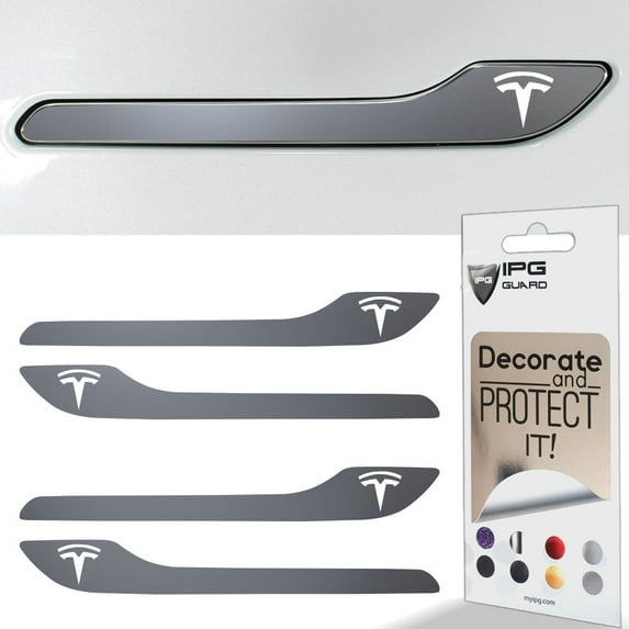 IPG Compatible for Model 3 / Model Y Door Handle Decal Sticker Wrap Kit (Set of 4) with Tesla Logo Personalize Your Tesla (Gloss Silver)