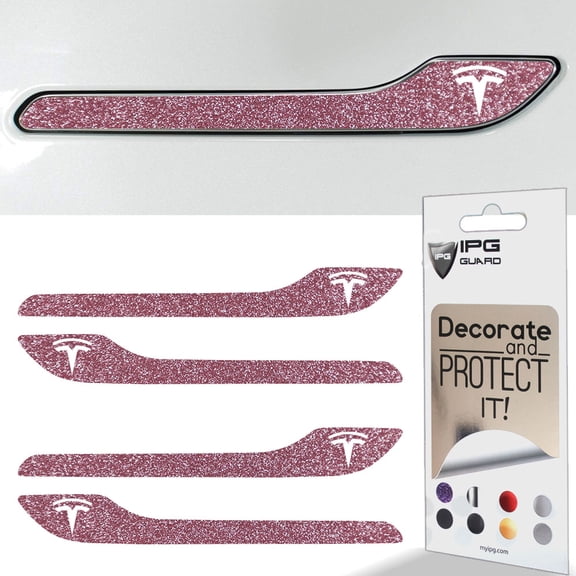 IPG Compatible for Model 3 / Model Y Door Handle Decal Sticker Wrap Kit (Set of 4) with Tesla Logo Personalize Your Tesla (Pink Glitter)
