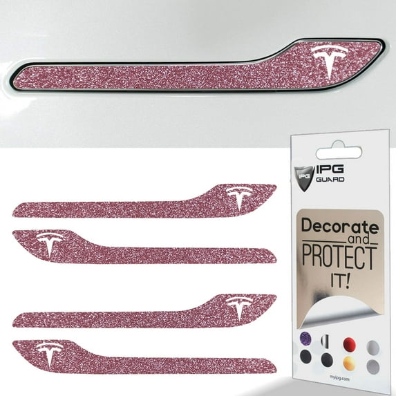 IPG Compatible for Model 3 / Model Y Door Handle Decal Sticker Wrap Kit (Set of 4) with Tesla Logo Personalize Your Tesla (Pink Glitter)