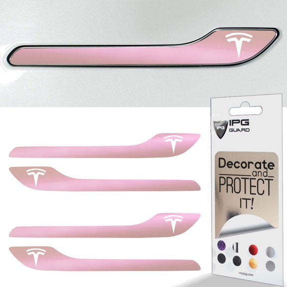 IPG Compatible for Model 3 / Model Y Door Handle Decal Sticker Wrap Kit (Set of 4) with Tesla Logo Personalize Your Tesla (Pink Pearl)