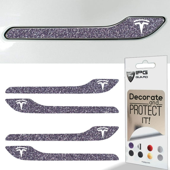 IPG Compatible for Model 3 / Model Y Door Handle Decal Sticker Wrap Kit (Set of 4) with Tesla Logo Personalize Your Tesla (Purple Glitter)
