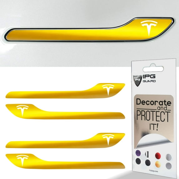 IPG Compatible for Model 3 / Model Y Door Handle Decal Sticker Wrap Kit (Set of 4) with Tesla Logo Personalize Your Tesla (Shiny Yellow)