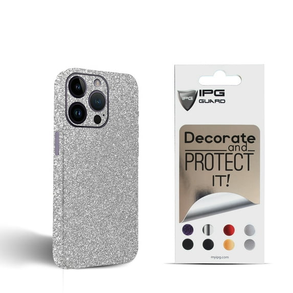 IPG Compatible with iPhone 14 Pro Decorative Carbon Fiber Vinyl Back and Sides Full Protection Anti Scratch Skin Guard - 3D Surface - Bubble -Free Easy to Install for 14 Pro (White Glitter)