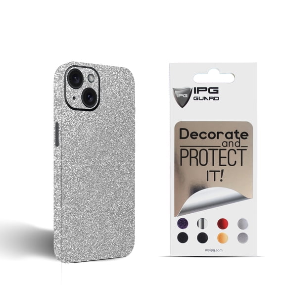 IPG Compatible with iPhone 15 Decorative Carbon Fiber Vinyl Back and Sides Full Protection Anti Scratch Skin Guard - 3D Surface - Easy to Install for 15 (White Glitter)