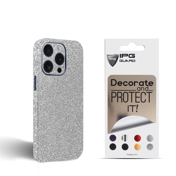 IPG Compatible with iPhone 15 Pro Decorative Carbon Fiber Vinyl Back and Sides Full Protection Anti Scratch Skin Guard - 3D Surface - Bubble -Free Easy to Install for 15 Pro (White Glitter)