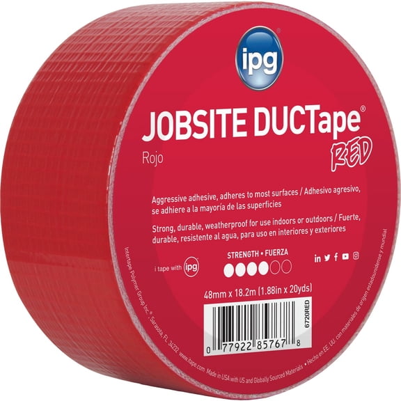 IPG JobSite DUCTape, Colored Duct Tape, 1.88" x 20 yd, Red (Single Roll)