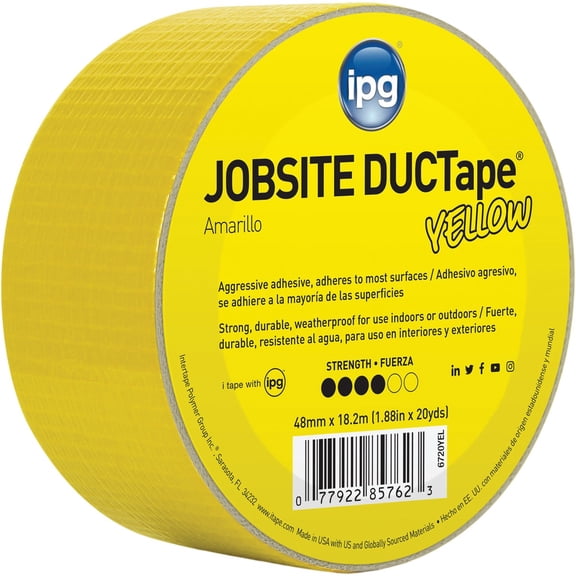 IPG JobSite DUCTape, Colored Duct Tape, 1.88" x 20 yd, Yellow (Single Roll)
