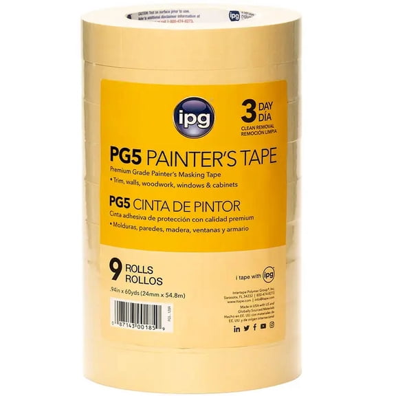 9-Rolls of .94 x 60 yds IPG PG5 ProMask Tan 3-Day Masking Tape, 1 Contractor Pack