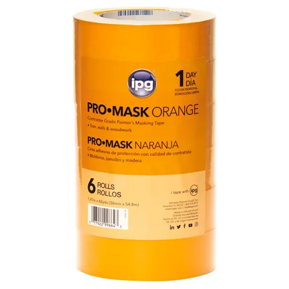 6-Rolls of 1.41 x 60 yds IPG PG505 ProMask Orange Utility Paper Masking Tape, 1 Contractor pack