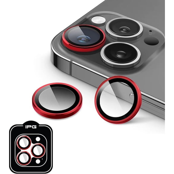 IPG ProLENS CD Aluminum Frame Camera Lens Protector for iPhone 15 Pro/Pro Max (Red), Alumina Silicate Tempered Class, HD Clarity, Scratch-Resistant, Individual Lens Cover