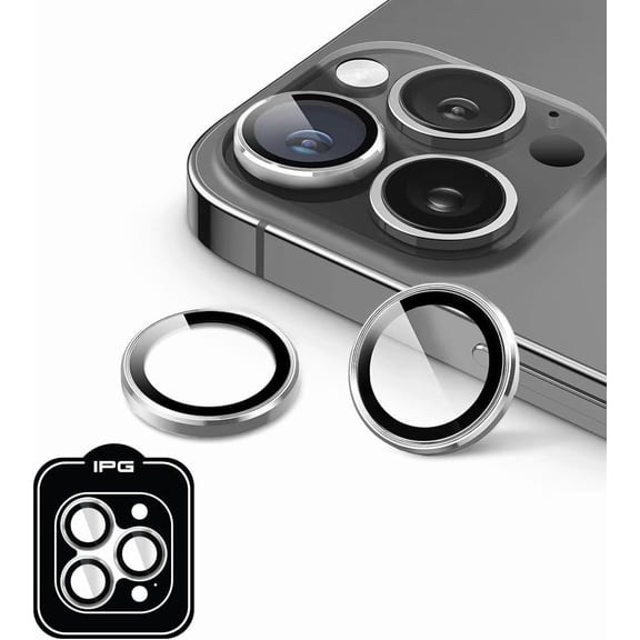 IPG ProLENS CD Aluminum Frame Camera Lens Protector for iPhone 15 Pro/Pro Max (Silver), Alumina Silicate Tempered Class, HD Clarity, Scratch-Resistant, Individual Lens Cover