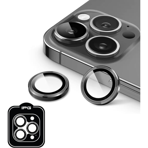 IPG ProLENS CD Aluminum Frame Camera Lens Protector for iPhone 15 Pro/Pro Max (Space Gray), Alumina Silicate Tempered Class, HD Clarity, Scratch-Resistant, Individual Lens Cover