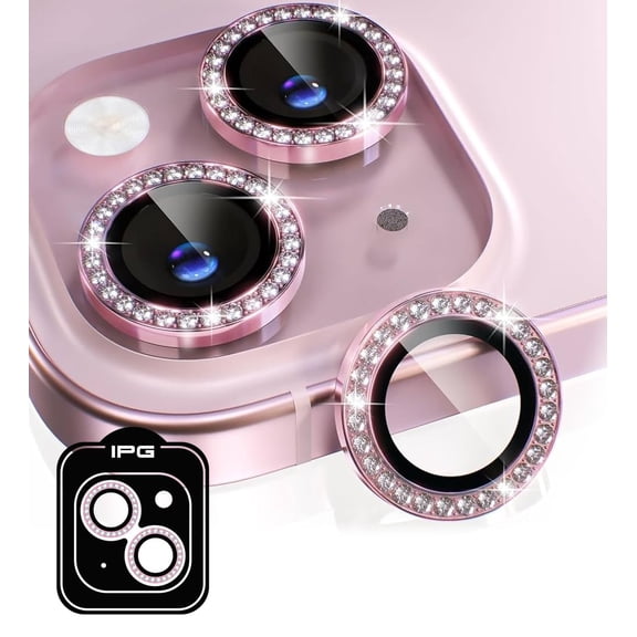 IPG ProLENS Diamond Frame Rhinestones Bling Camera Lens Protector for iPhone 14-14 Plus (Pink) Alumina Silicate Tempered Class, HD Clarity, Scratch-Resistant, Individual Lens Cover
