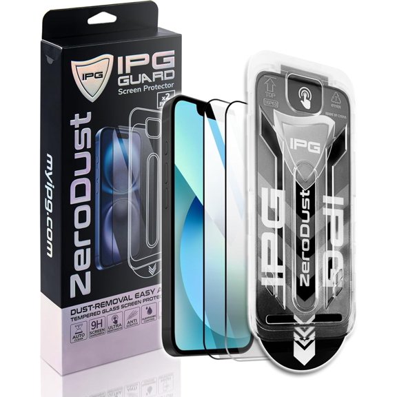 IPG Zero Dust  Auto Dust Removal Tempered Glass for Apple iPhone 13/13 Pro/14 (2-Pack) Screen Protector,, Bubble-Free Easy Install with Fit Tray, Anti-Fingerprint, 9H Scratch Resistant Case Friendly