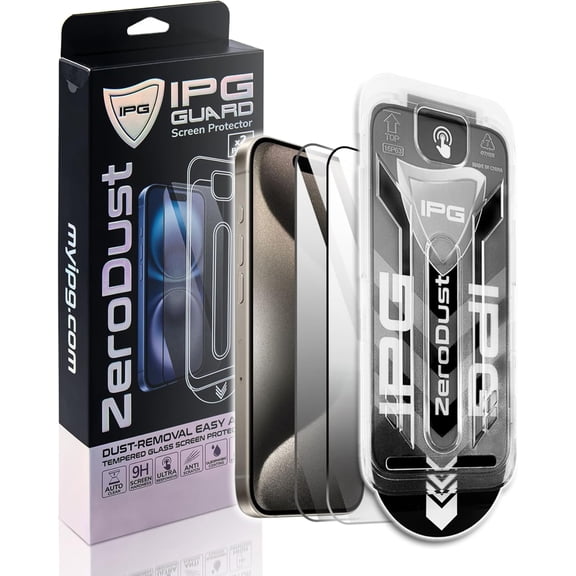 IPG Zero Dust  Auto Dust Removal Tempered Glass for Apple iPhone 15 Pro (2-Pack) Screen Protector,, Bubble-Free Easy Install with Fit Tray, Anti-Fingerprint, 9H Scratch Resistant Case Friendly