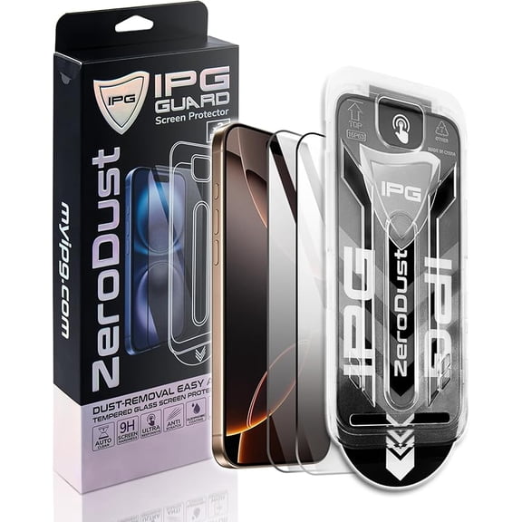 IPG Zero Dust  Auto Dust Removal Tempered Glass for Apple iPhone 16 Pro Max (2-Pack) Screen Protector,, Bubble-Free Easy Install with Fit Tray, Anti-Fingerprint, 9H Scratch Resistant Case Friendly