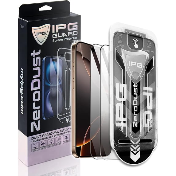 IPG Zero Dust – Auto Dust Removal Tempered Glass for Apple iPhone 16 Pro Max (2-Pack) Screen Protector,, Bubble-Free Easy Install with Fit Tray, Anti-Fingerprint, 9H Scratch Resistant Case Friendly