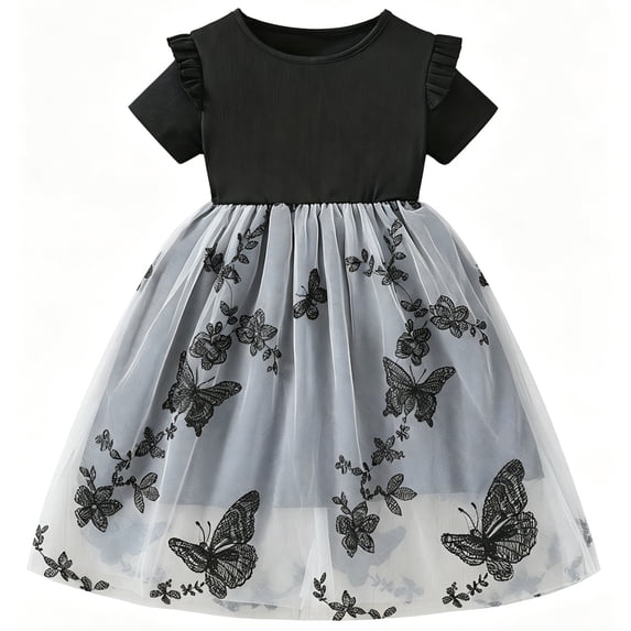 IPIO Girls Black Butterfly Princess Dress, Floral Tulle Party Dress for Birthday Wedding and Special Occasions