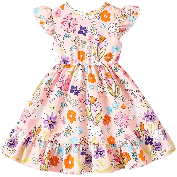 IPIO Girls Bunny Floral Dress with Ruffle Sleeves and Oversized Back Bow, Spring Summer Casual Party Dress