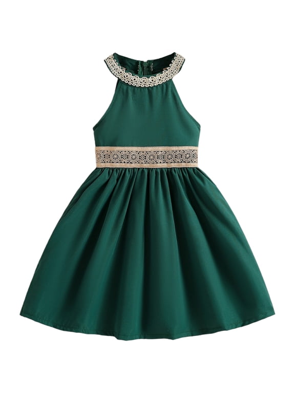 Girls Elegant Emerald Green Sleeveless Party Dress with Crew Neck and A-Line Skirt