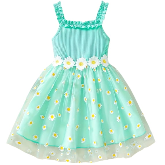 IPIO Girls’ Mint Green 3D Daisy Appliqué Tulle Princess Dress with Ruffle Straps
