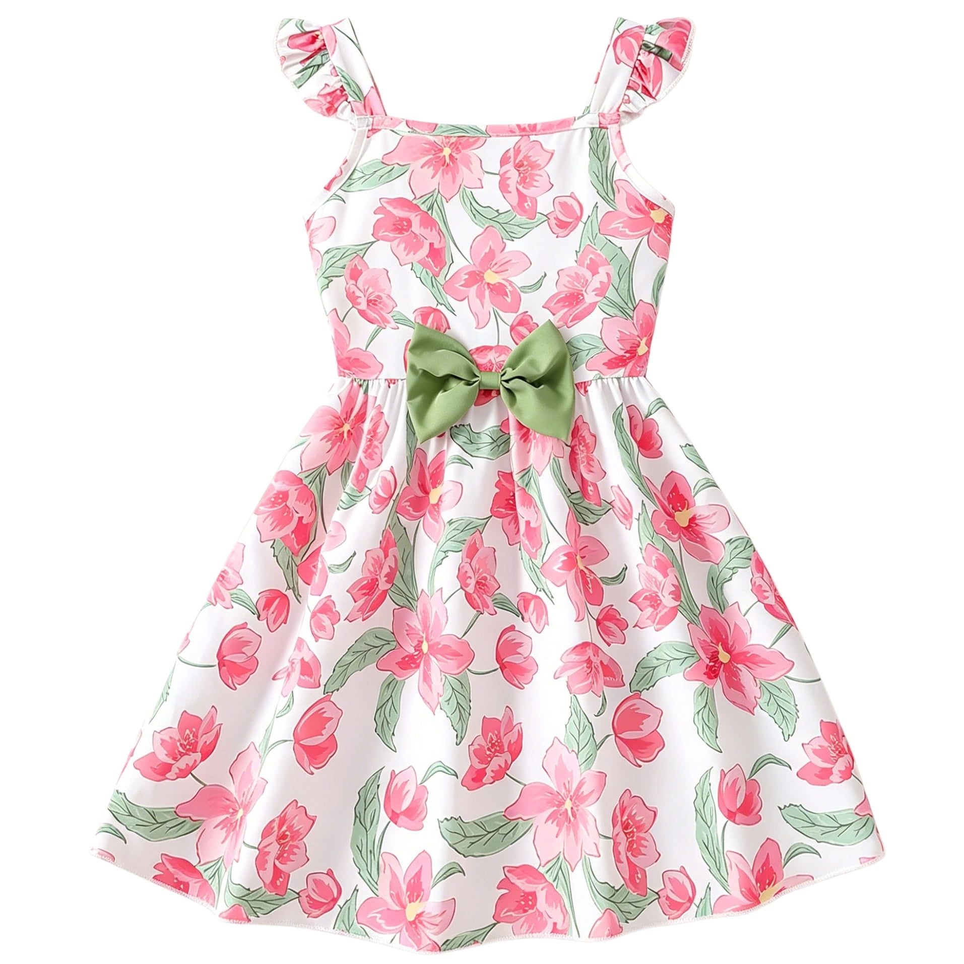 IPIO Girls Pink Floral Dress with Ruffle Straps and Green Bow, Summer ...