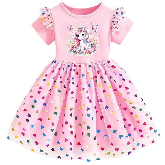 IPIO Girls Pink Unicorn Party Dress with Rainbow Heart Tulle Skirt, Short Sleeve Fantasy Princess Dress for Birthdays and Special Occasions