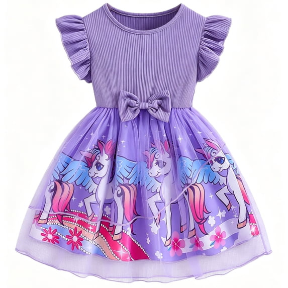 IPIO Girls Purple Unicorn Tulle Dress, Flutter Sleeve Bow Princess Dress for Birthday Party