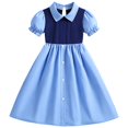 thumbnail image 1 of IPIO Girls’ Sky Blue & Navy Peter Pan Collar Puff Sleeve A-Line Dress, 1 of 7