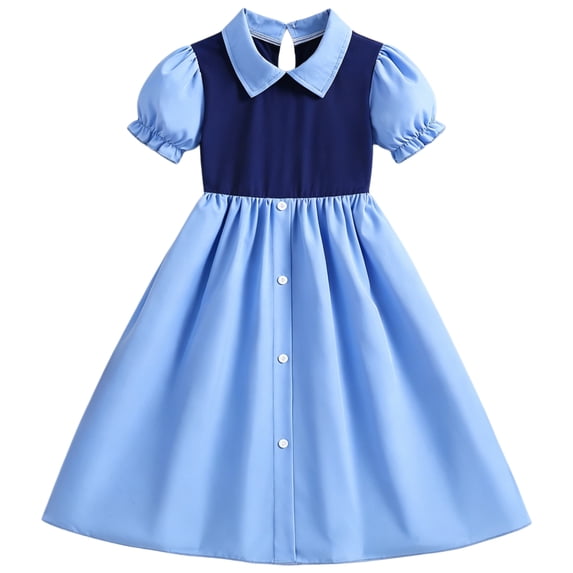 IPIO Girls’ Sky Blue & Navy Peter Pan Collar Puff Sleeve A-Line Dress