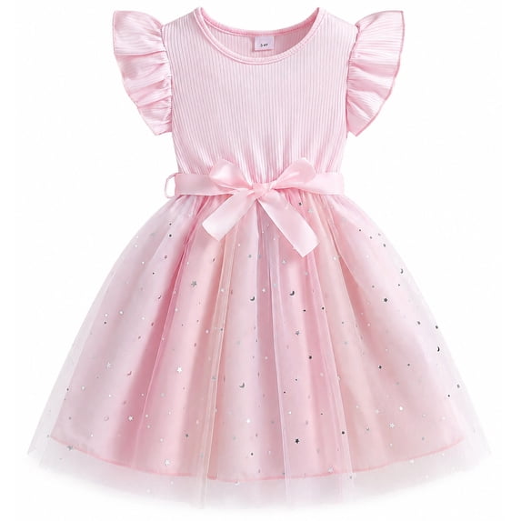 IPIO Girls Starry Princess Dress, Shimmer Moon Tulle Skirt with Flutter Sleeves and Bow for Birthday Party
