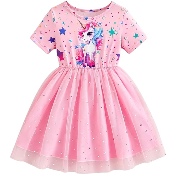 IPIO Girls Unicorn Dress Pink Rainbow Tulle Princess Party Dress, Sparkly Star Short Sleeve Birthday Outfit for Kids, Toddler Girls Dress-Up