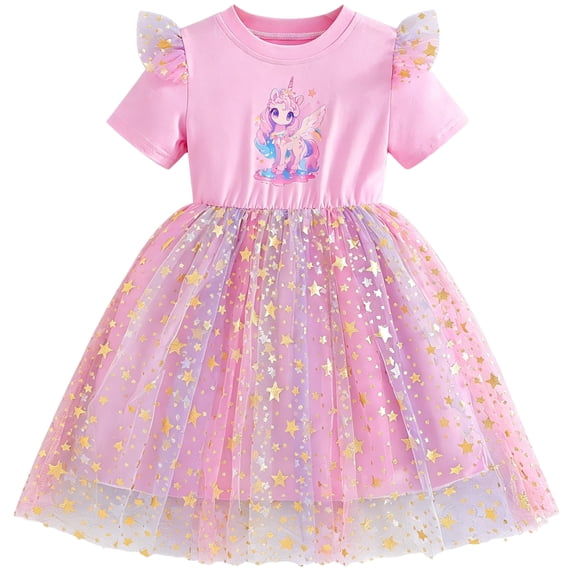IPIO Girls Unicorn Princess Dress, Sparkly Star Tulle Party Dress with Short Sleeves for Birthday, Performance and Dress-Up