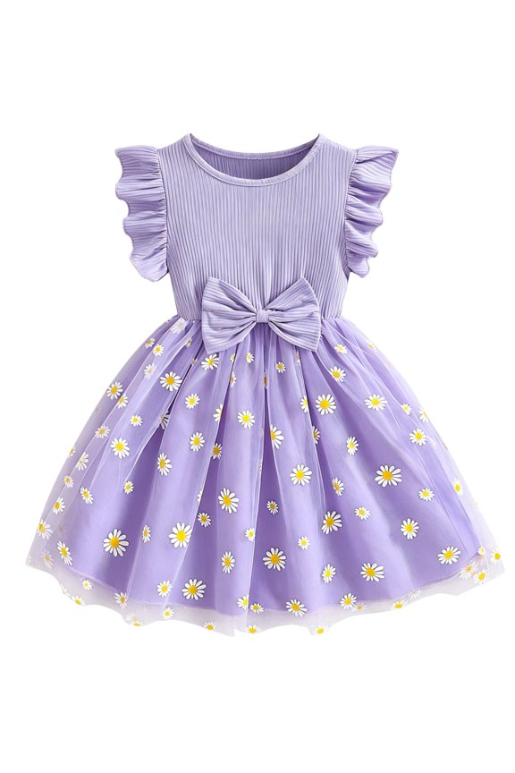 Lavender Daisy Dress for Girls, Floral Tulle A-Line Outfit with Flutter Sleeves and Bow, Birthday Wedding Party