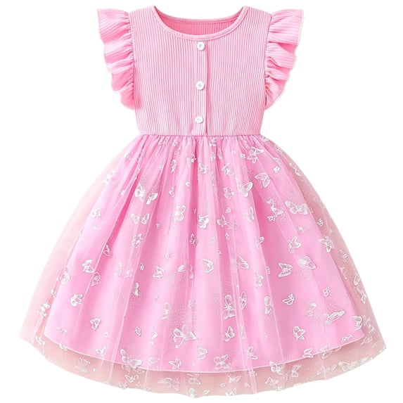 IPIO Pink Butterfly Dress for Girls, Shimmer Tulle A-Line Outfit with Flutter Sleeves for Birthday Wedding Party