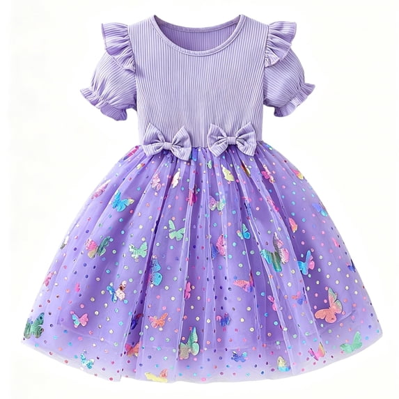 IPIO Toddler Girls Butterfly Mesh Dress, Princess Birthday Dress with Puff Sleeves for Summer Party, Everyday Wear 2t purple