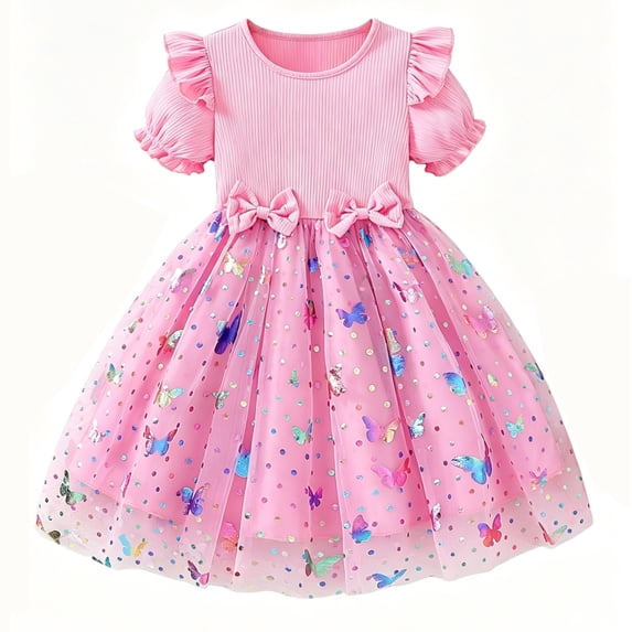 IPIO Toddler Girls Butterfly Mesh Dress, Princess Birthday Dress with Puff Sleeves for Summer Party, Everyday Wear 2t tutu