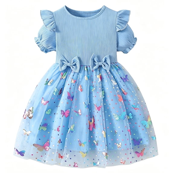 IPIO Toddler Girls Butterfly Mesh Dress, Princess Birthday Dress with Puff Sleeves for Summer Party, Everyday Wear 3-4 blue
