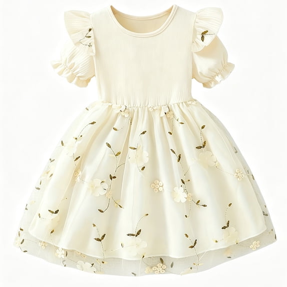 IPIO Toddler Girls Floral Tulle Party Dress with Puff Sleeves for Birthday Wedding Summer, size 6 beige
