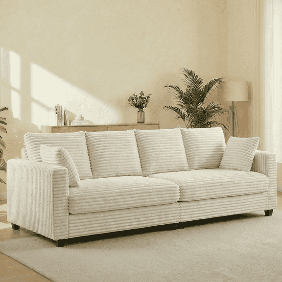 IPKIG 106" Oversized Corduroy Cloud Couch, Beige 4 Seater Modular Sleeper Sofa w/ Thick Cushions