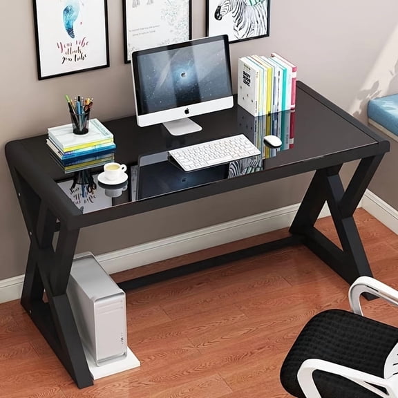 IPKIG 55.1 Inch Modern Computer Desk, Black Writing Gaming Desk with Tempered Glass Top, Space-Saving Home Office Workstation, Sturdy Metal Frame