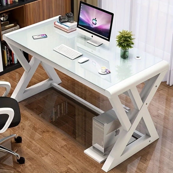 IPKIG 55.1 Inch Modern Computer Desk with Tempered Glass Top, White Home Office Writing Gaming Desk, Space-Saving Workstation Metal Frame