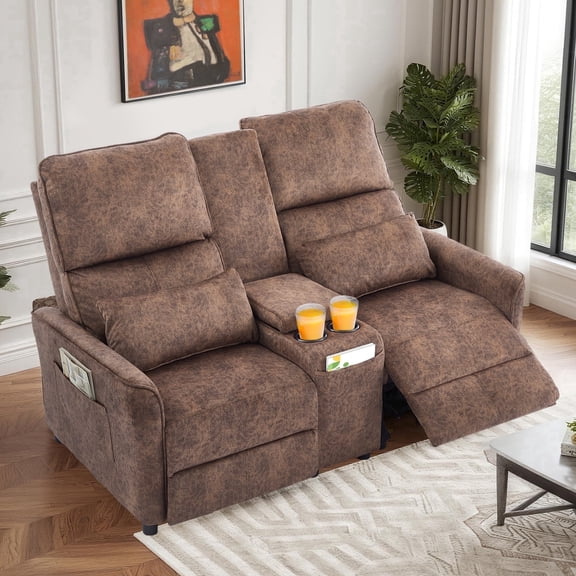 IPKIG 63" RV Loveseat Recliner Sofa, Manual Double Recliner with Storage Console & 2 Cup Holders for Home Theater Seating, Velvet Brown