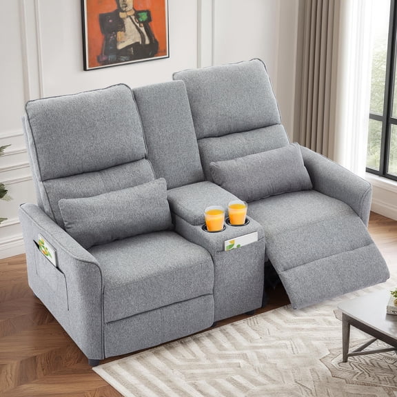 IPKIG 63" RV Loveseat Recliner Sofa, Manual Double Recliner with Storage Console & 2 Cup Holders for Home Theater Seating, Linen Gray