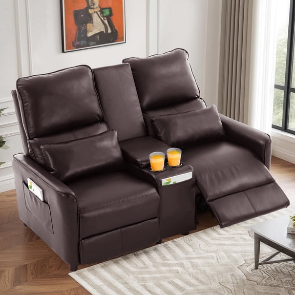 IPKIG 63" RV Loveseat Recliner Sofa, Manual Double Recliner with Storage Console & 2 Cup Holders for Home Theater Seating, PU Leather Brown