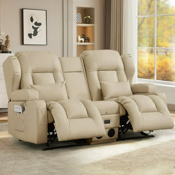 IPKIG 67.7" Manual Double Recliner Loveseat Sofa with Console, Cup Holders, Bluetooth Speakers, USB Ports & AC Outlets, Leathaire Beige