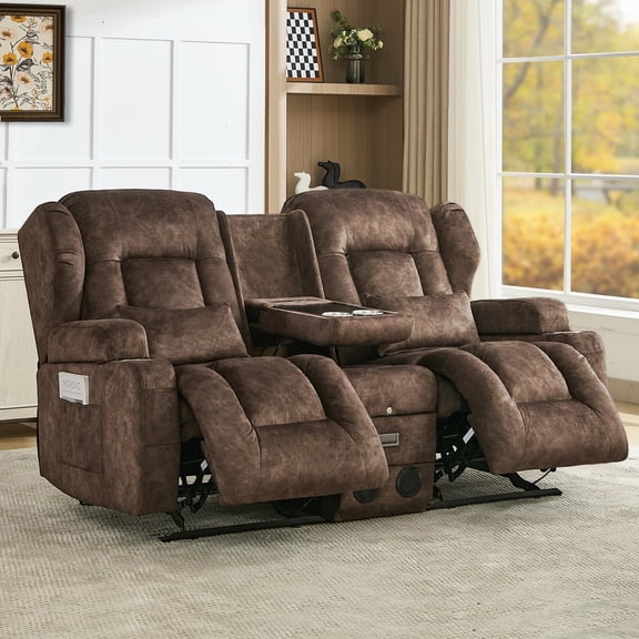 IPKIG 67.7" Manual Double Recliner Loveseat Sofa with Console, Cup Holders, Bluetooth Speakers, USB Ports & AC Outlets, Velvet Brown