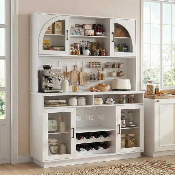 IPKIG 70.9" Farmhouse Kitchen Pantry with Outlet, LED Lights & Wine Rack, 54" Wide Buffet Sideboard Storage Cabinet, White