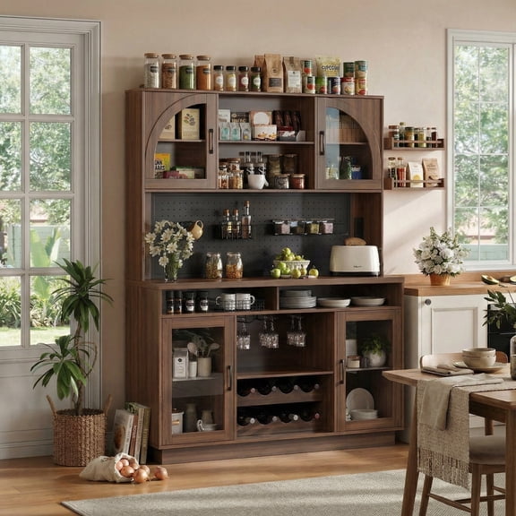 IPKIG 70.9" Farmhouse Kitchen Pantry with Outlet, LED Lights & Wine Rack, 54" Wide Buffet Sideboard Storage Cabinet, Wooden Color