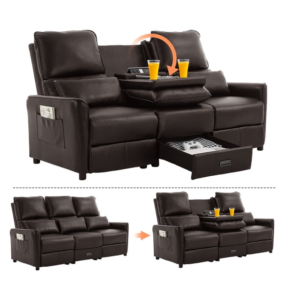 IPKIG 74" RV 3-Seater Manual Recliner Sofa with Flip Backrest, Drawer, USB Ports, AC Sockets & Cup Holders for Home Theater & Living Room, PU Leather Brown